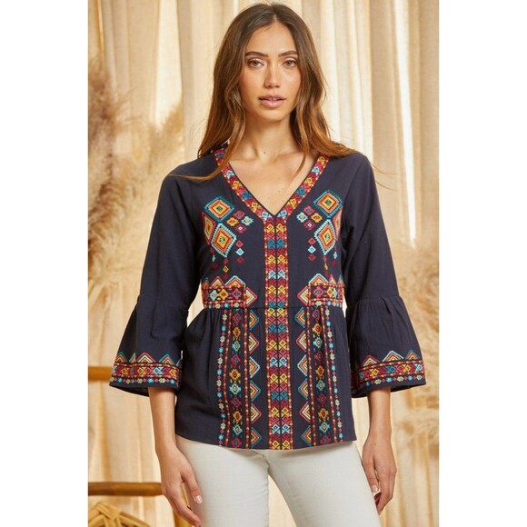 Savanna Jane Tops - NWT SAVANNA JANE PT11259 Blue Geometric Aztec Embroidered V-Neck Top SIZE 2X